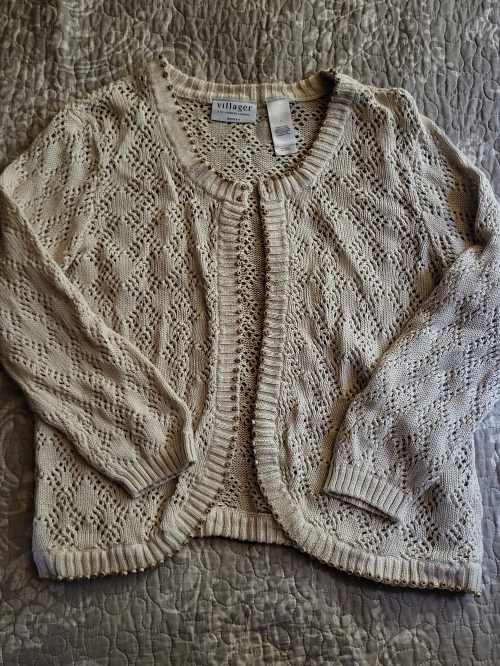 Liz Claiborne Open Knit CardigamSweater with Bead-Trim Size 1 Cream Fall Dressy